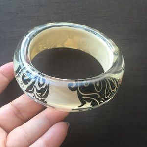 Vintage Retro Lucite Bracelet Bangle black design on cream, stunning quality